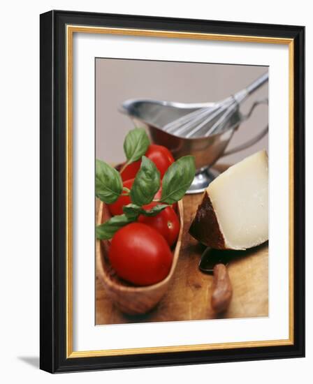 Fresh Tomatoes, Basil and Piece of Cheese, Sauce-Boat-null-Framed Photographic Print