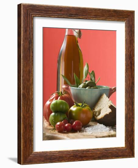 Fresh Tomatoes, Olives, Bread, Salt and Olive Oil-null-Framed Photographic Print
