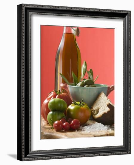 Fresh Tomatoes, Olives, Bread, Salt and Olive Oil-null-Framed Photographic Print