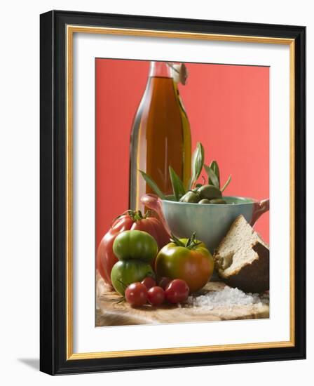 Fresh Tomatoes, Olives, Bread, Salt and Olive Oil-null-Framed Photographic Print