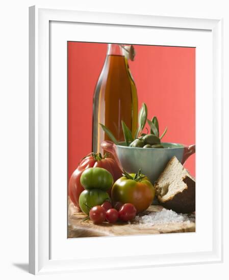 Fresh Tomatoes, Olives, Bread, Salt and Olive Oil-null-Framed Photographic Print