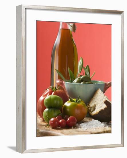 Fresh Tomatoes, Olives, Bread, Salt and Olive Oil-null-Framed Photographic Print