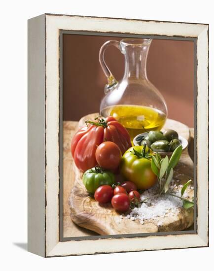 Fresh Tomatoes, Olives, Salt and Olive Oil-null-Framed Premier Image Canvas