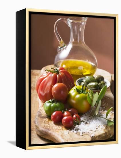 Fresh Tomatoes, Olives, Salt and Olive Oil-null-Framed Premier Image Canvas