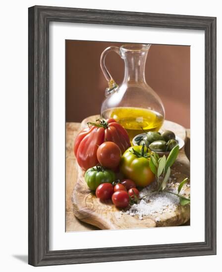 Fresh Tomatoes, Olives, Salt and Olive Oil-null-Framed Photographic Print