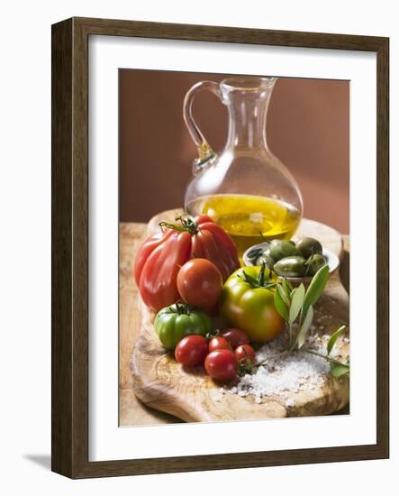 Fresh Tomatoes, Olives, Salt and Olive Oil--Framed Photographic Print