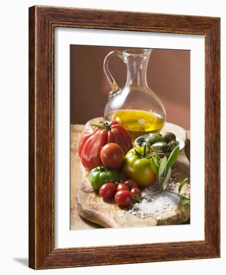 Fresh Tomatoes, Olives, Salt and Olive Oil-null-Framed Photographic Print