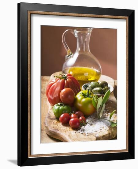 Fresh Tomatoes, Olives, Salt and Olive Oil-null-Framed Photographic Print
