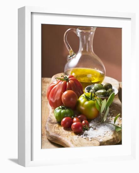 Fresh Tomatoes, Olives, Salt and Olive Oil-null-Framed Photographic Print