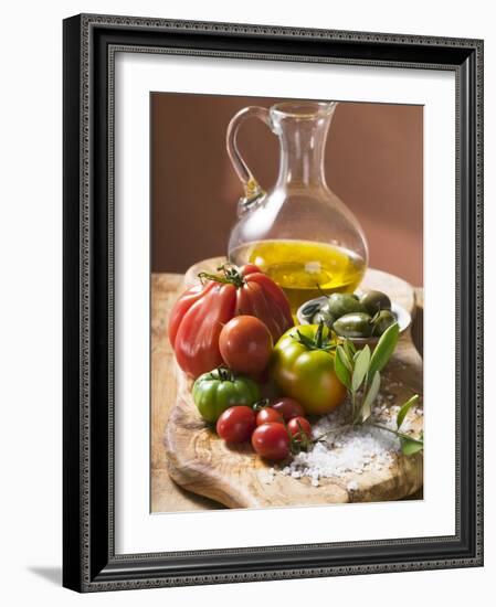 Fresh Tomatoes, Olives, Salt and Olive Oil--Framed Photographic Print