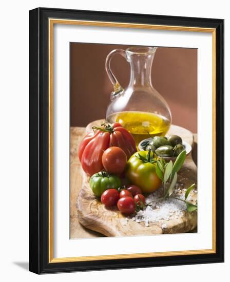 Fresh Tomatoes, Olives, Salt and Olive Oil-null-Framed Photographic Print