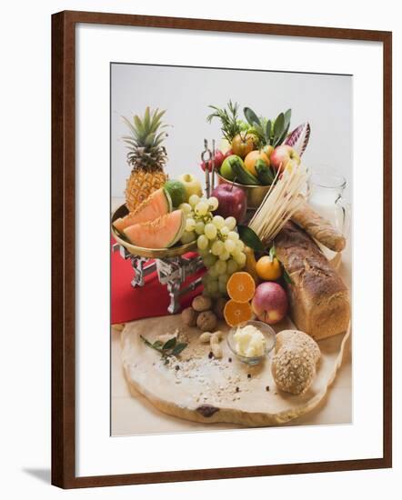 Fresh Vegetables, Fruit, Butter, Nuts and Wholemeal Bread-Foodcollection-Framed Photographic Print