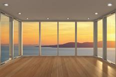 Empty Modern Lounge Area with Large Bay Window and View of Sea-FreshPaint-Framed Photographic Print