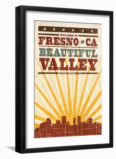 Fresno, California - Skyline and Sunburst Screenprint Style-Lantern Press-Framed Art Print
