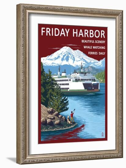 Friday Harbor, Washington - Ferry Scene with Boy-Lantern Press-Framed Art Print