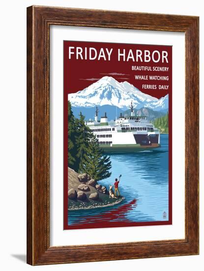 Friday Harbor, Washington - Ferry Scene with Boy-Lantern Press-Framed Art Print