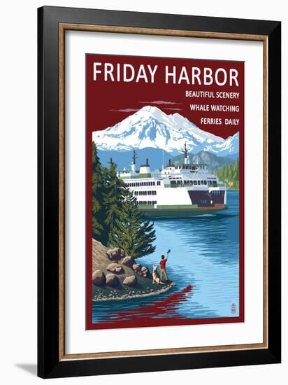 Friday Harbor, Washington - Ferry Scene with Boy-Lantern Press-Framed Art Print