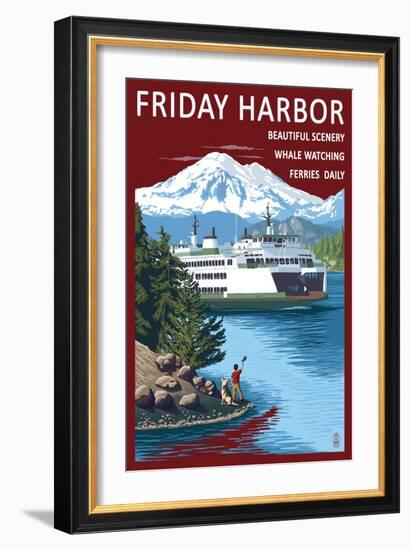 Friday Harbor, Washington - Ferry Scene with Boy-Lantern Press-Framed Art Print