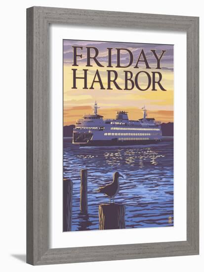 Friday Harbor, Washington - Ferry Sunset and Gull-Lantern Press-Framed Art Print