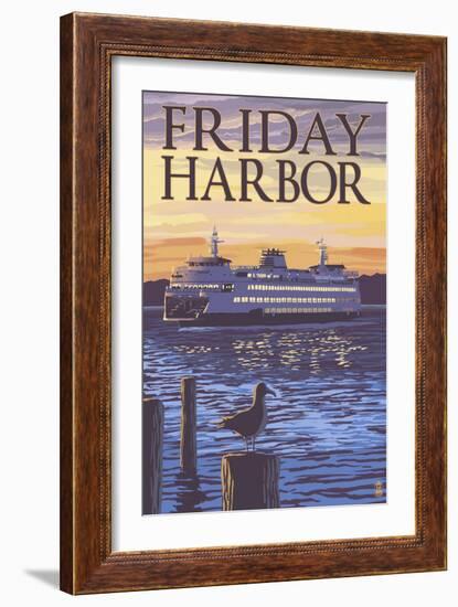 Friday Harbor, Washington - Ferry Sunset and Gull-Lantern Press-Framed Art Print