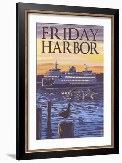 Friday Harbor, Washington - Ferry Sunset and Gull-Lantern Press-Framed Art Print