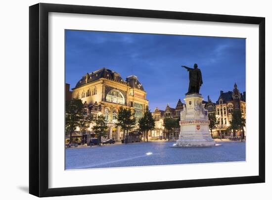 Friday Market Square (Vrijdag Markt) at dusk, Ghent, Flanders, Belgium, Europe-Ian Trower-Framed Photographic Print