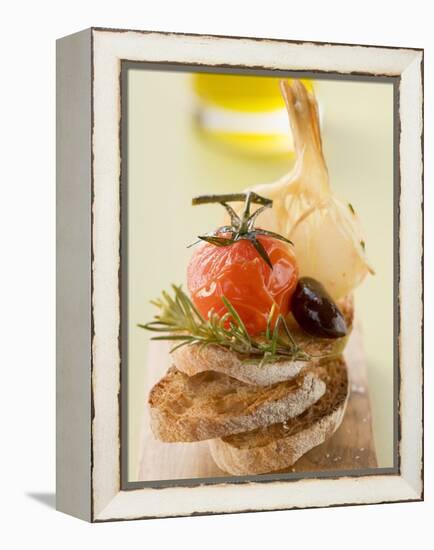 Fried Cherry Tomato, Olive and Garlic on Toast-null-Framed Premier Image Canvas