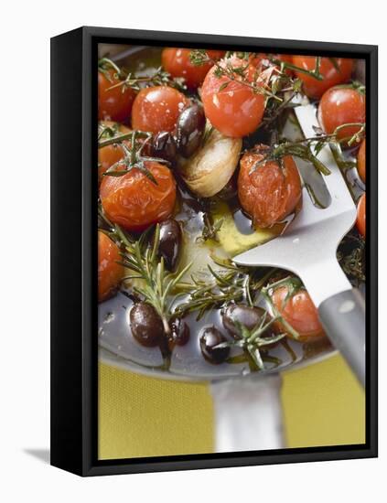 Fried Cherry Tomatoes with Garlic and Olives in Frying Pan-null-Framed Premier Image Canvas