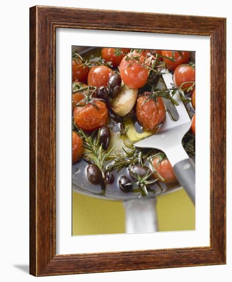 Fried Cherry Tomatoes with Garlic and Olives in Frying Pan-null-Framed Photographic Print