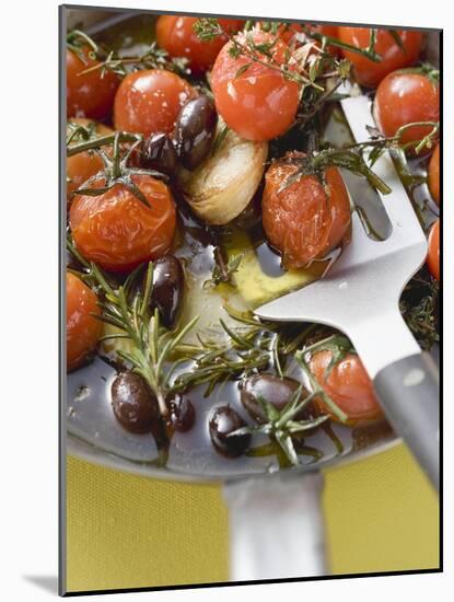 Fried Cherry Tomatoes with Garlic and Olives in Frying Pan-null-Mounted Photographic Print