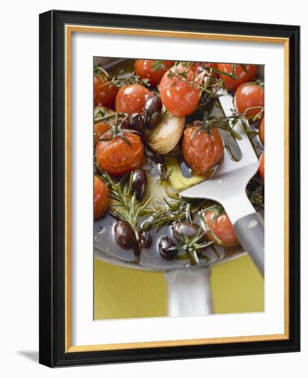 Fried Cherry Tomatoes with Garlic and Olives in Frying Pan-null-Framed Photographic Print