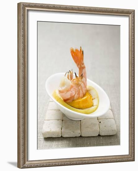 Fried Prawn with Dip on Slice of Lemon-null-Framed Photographic Print