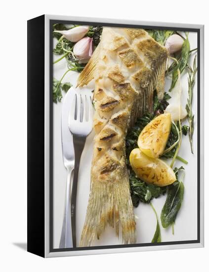 Fried Sea Bass with Herbs, Garlic and Lemon-null-Framed Premier Image Canvas