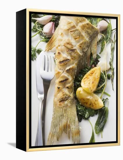 Fried Sea Bass with Herbs, Garlic and Lemon-null-Framed Premier Image Canvas