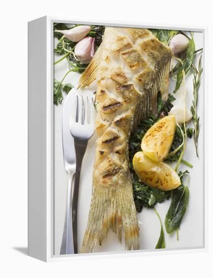 Fried Sea Bass with Herbs, Garlic and Lemon-null-Framed Premier Image Canvas