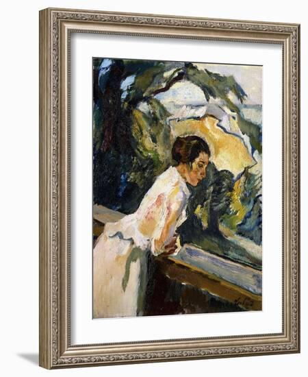 Frieda, the Artist's Wife, Leaning over the Balcony-Leo Putz-Framed Giclee Print