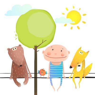 Friendly Animals and Kid Cute Funny Friends Cartoon Sitting High. Child Kid and Fox, Bear Colorful' Art Print - Popmarleo Friendly Animals and Kid Cute Funny Friends Cartoon Sitting High. Child Kid and Fox, Bear Colorful' Art Print - Popmarleo