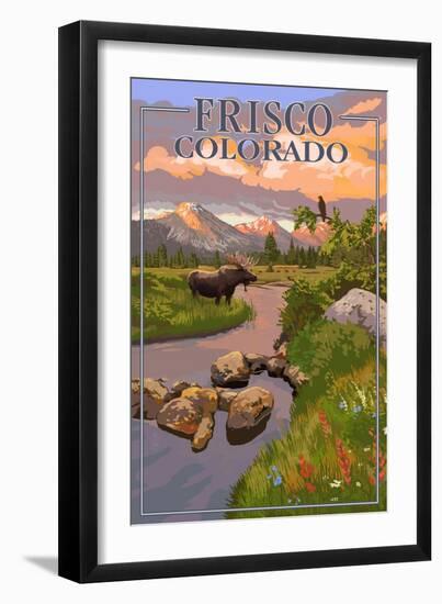 Frisco, Colorado - Moose and Meadow Scene-Lantern Press-Framed Art Print