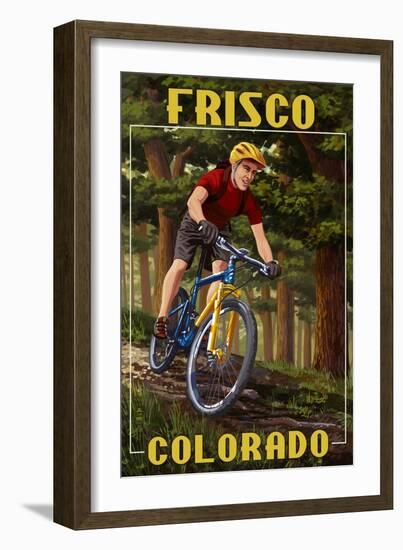 Frisco, Colorado - Mountain Biker in Trees-Lantern Press-Framed Art Print