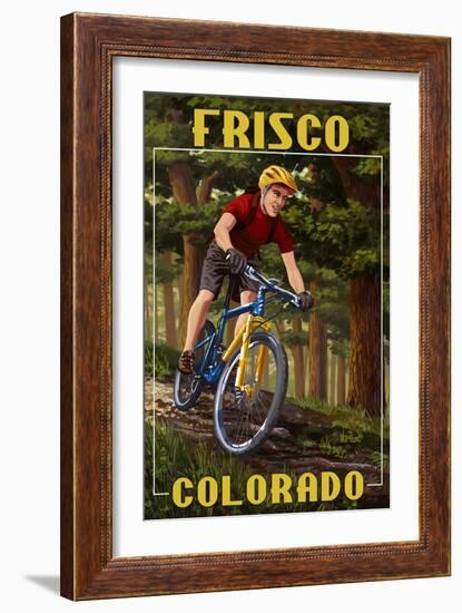 Frisco, Colorado - Mountain Biker in Trees-Lantern Press-Framed Art Print
