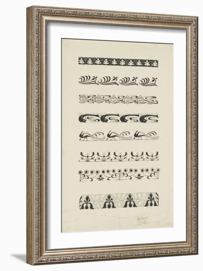 Frise d'éléments floraux et animaliers : raies, dauphins, paons-null-Framed Giclee Print
