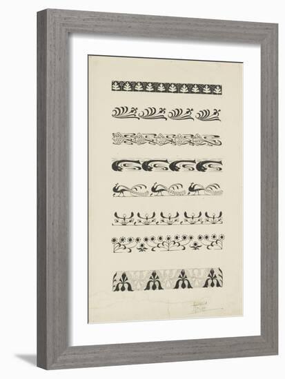 Frise d'éléments floraux et animaliers : raies, dauphins, paons-null-Framed Giclee Print