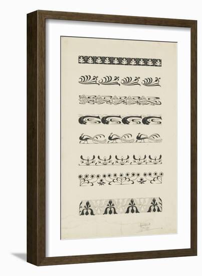 Frise d'éléments floraux et animaliers : raies, dauphins, paons-null-Framed Giclee Print