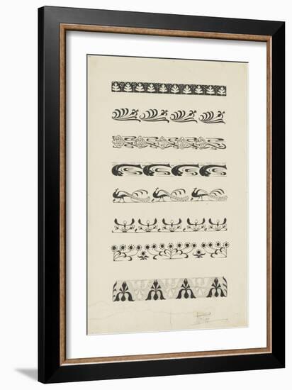 Frise d'éléments floraux et animaliers : raies, dauphins, paons-null-Framed Giclee Print