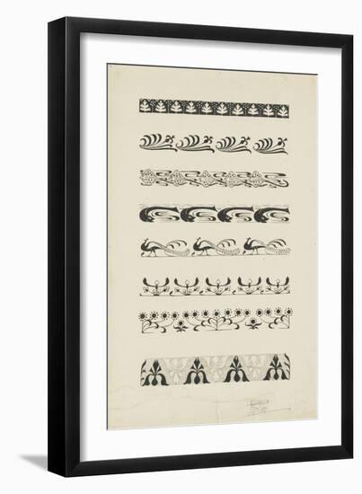 Frise d'éléments floraux et animaliers : raies, dauphins, paons-null-Framed Giclee Print