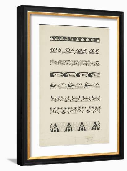 Frise d'éléments floraux et animaliers : raies, dauphins, paons-null-Framed Giclee Print