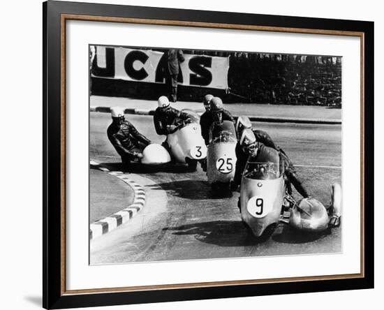 Fritz Scheidegger, Walter Schneider and Helmut Fath Competing in a Sidecar Race, 1959-null-Framed Photographic Print