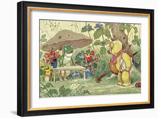 Frog Flower Seller and Bear Cellist-null-Framed Art Print