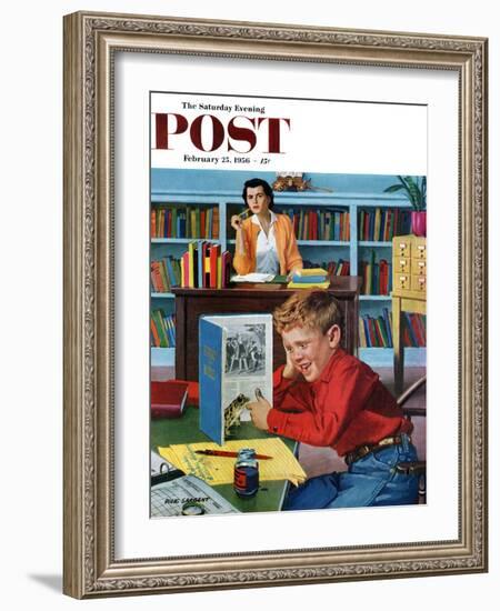 "Frog in the Library" Saturday Evening Post Cover, February 25, 1956-Richard Sargent-Framed Giclee Print