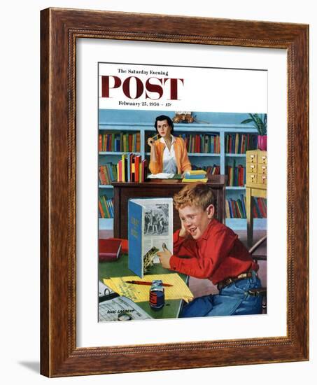 "Frog in the Library" Saturday Evening Post Cover, February 25, 1956-Richard Sargent-Framed Giclee Print